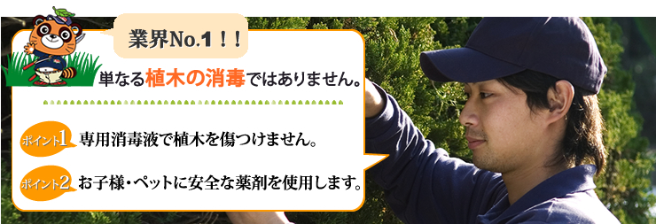 業界NO.1 単なる植木の消毒ではありません。専用消毒液で植木を傷つけません。お子様・ペットに安全な薬剤を使用します。