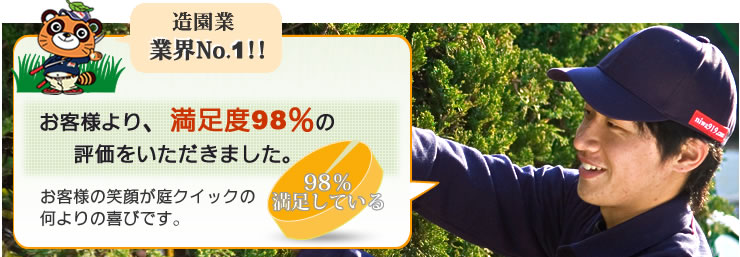 造園業　業界NO.1　お客様より満足度98％の評価をいただきました。お客様の笑顔が庭クイックの喜びです。  