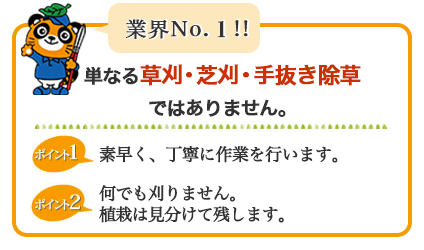 業界NO.1  単なる草刈・芝刈・手抜き除草ではありません。素早く、丁寧に作業を行います。何でも刈りません。植栽は見分けて残します。