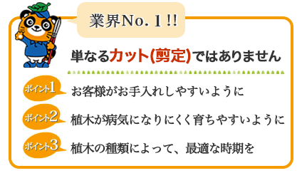 業界NO.1  単なる剪定・カットではありません。お客様が手入れしやすいように。植木が病気になりにくいように。剪定は植木の種類にとって最適な時期を。