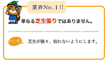 業界NO.1 業界NO.1  単なる芝生張りではありません。芝生が後々枯れないように。